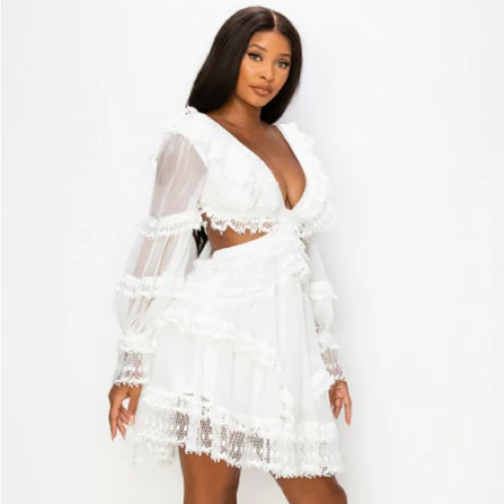 Woven Long Sleeve Open Back Ruffle Dress - Picture 2 of 6